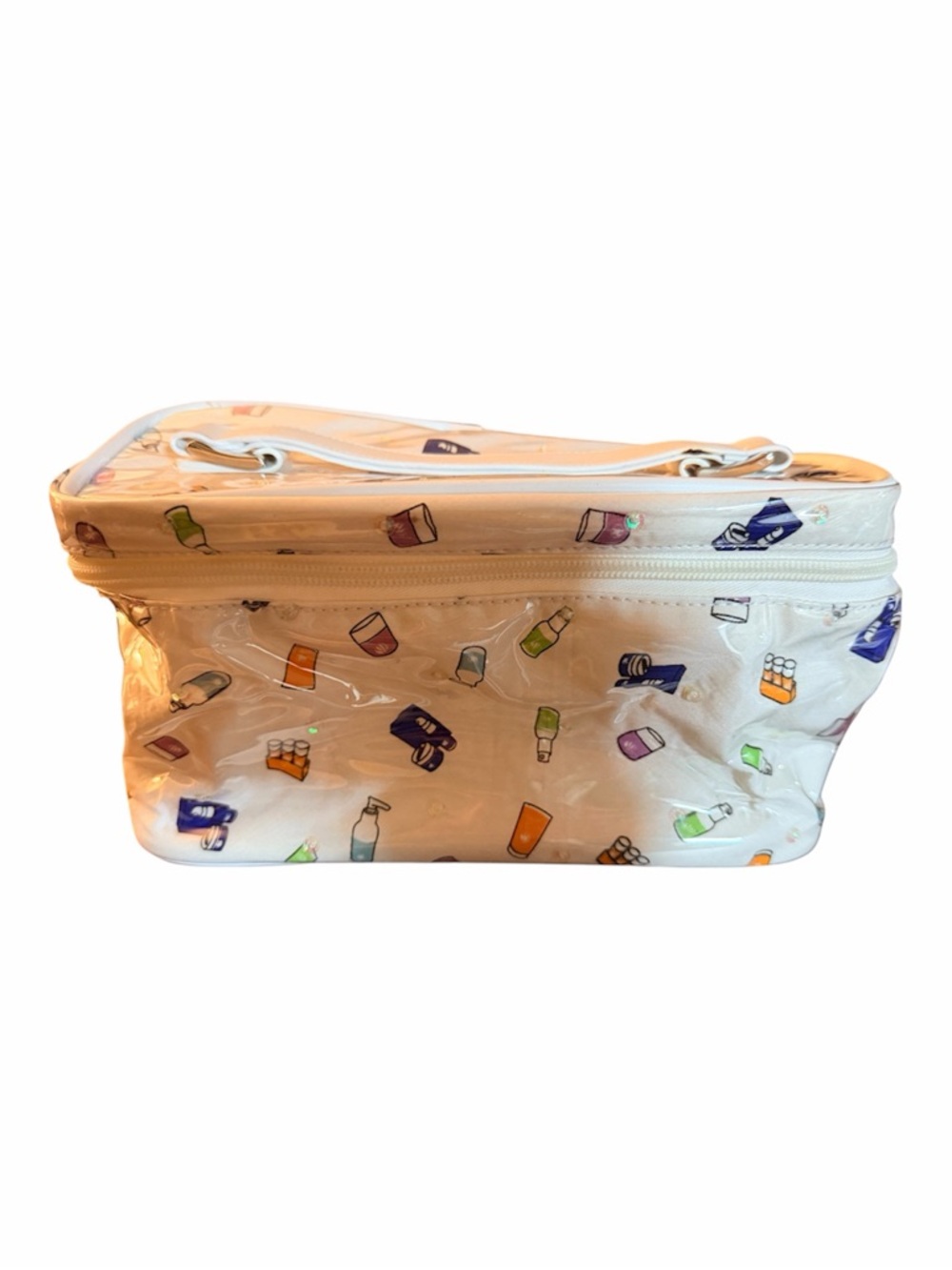 Coated Toiletry Makeup Bag with Multi-Color Bottle Print & small clear gems